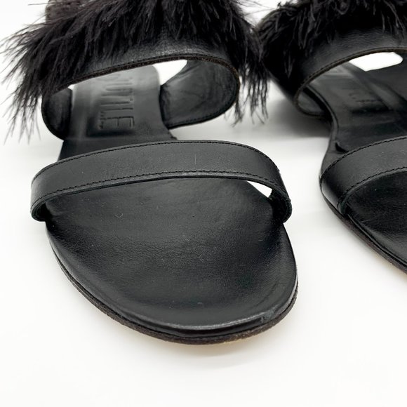 LD TUTTLE Ostrich Feather Leather Sandals Black - Picture 9 of 11